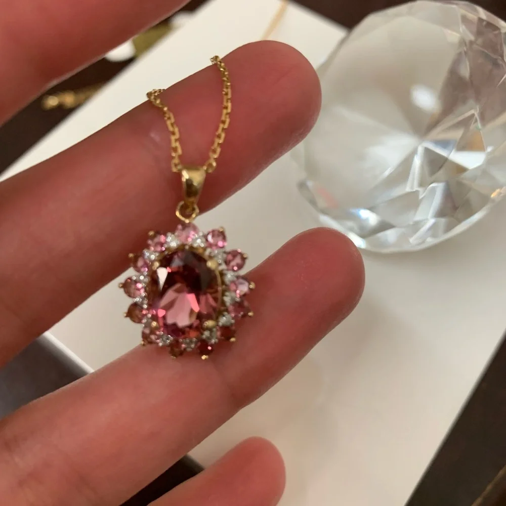 Pink Tourmaline & Diamond 14K YG SUNBURST Pendant w/ 18” Chain - Picture 5 of 10